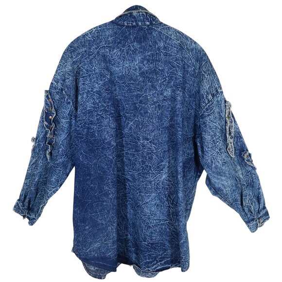 Vintage 80s Acid Wash Oversized Denim Studded Shirt Jacket Art To Wear Size XL - Picture 2 of 9